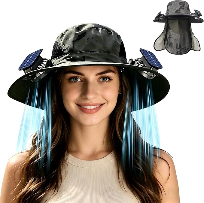 Wide Brim Solar Fan Hat for Men Women, 2026 3-in-1 Detachable Solar Powered Fan Hat, with Removable Neck Cap and Face Mask