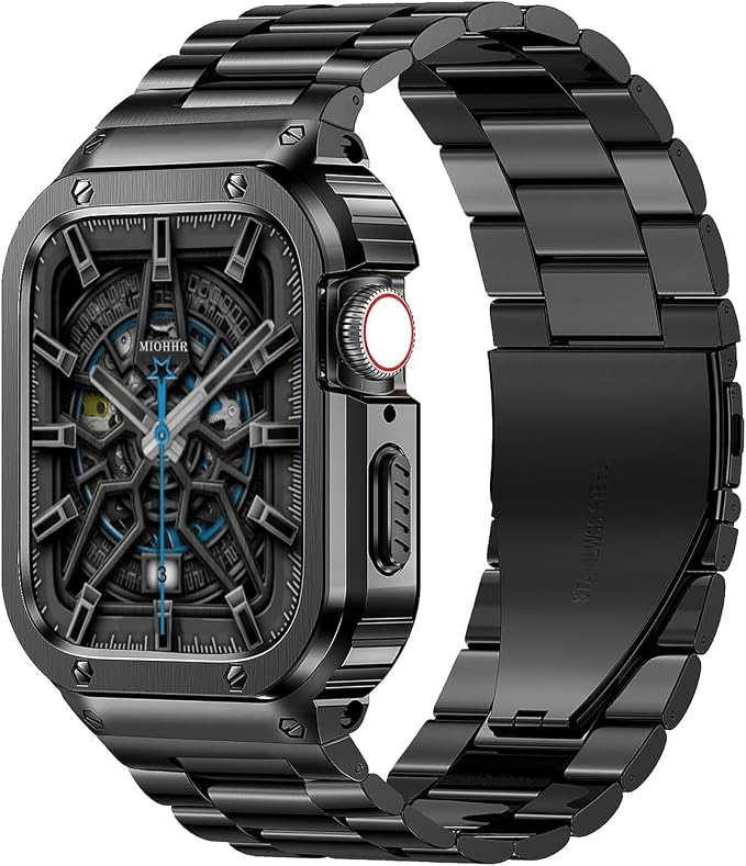 MioHHR Stainless Steel Band and Case Compatible with Apple Watch Band 46mm Series 11 10, Men Metal Protective Bumper Cover for iWatch 46mm Series 11/10, Black