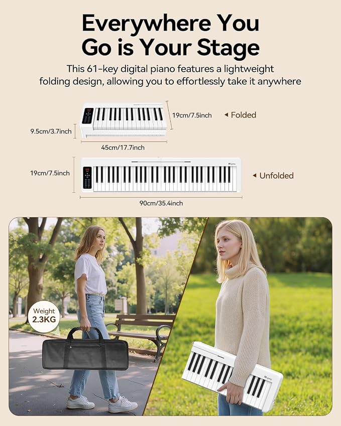 Rhymo Folding Piano Keyboard, 61 Keys Sensitive Electric Piano, Semi-Weighted Portable Electric Keyboard with Bluetooth MIDI, Digital Foldable Keyboard for Beginners(White)