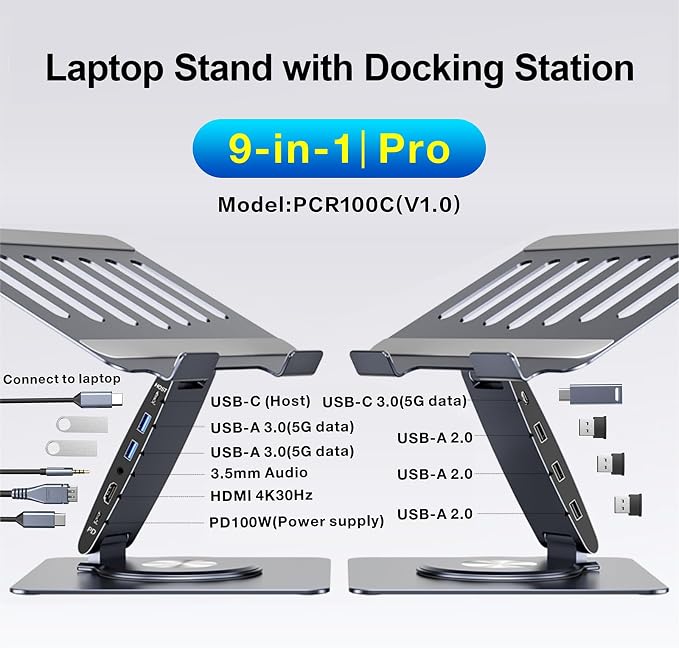 Laptop Docking Station Stand Dual Display 4K HDMI USB3.0 3.5mm Audio Jack 9-IN-1 360° Swivel Laptop Stand for Desk with USB-C Hub Multiport Adapter Universal for MacBook Pro/Air/Dell/HP/Surface/Lenovo