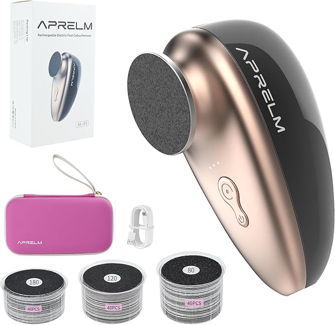 APRELM Rechargeable Electric Foot Callus Remover with 3-Sizes 120Pcs Sandpapers, Professional 1000RPM Electric Foot File with Organizer, Pedicure Tools Gifts for Women Men (E5 Black-Gold)