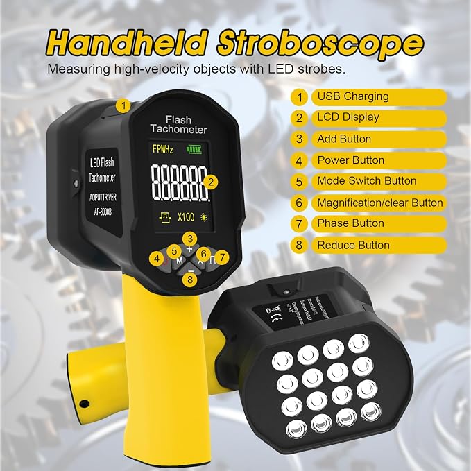 Digital Handheld Stroboscope Measuring 60-100000 RPM/Hz,0.001% Accuracy Non-Contact LED Tachometer Adjustable Strobe Light Timing Engine Speed Analyzer 1500LUX RPM Meter