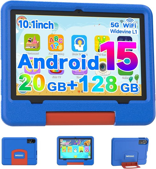 IWEGGO Android 15 Kids Tablet with EVA Case, 10 inch Tablet for Kids, 20GB RAM+128GB ROM/MAX 2TB, 1280 * 800 IPS HD Eye-Care Touch Screen, 2.0GHz Quad-core Toddler Tablets, 5G WiFi6, Widevine L1 Blue