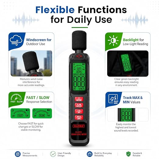 Noise Decibel Meter, Noise Meter, Decibel Meter, Digital Sound Level Meter, 30dB to 130dB Audio Noise Measurement Equipment, LCD Backlight Display, MAX/MIN Data Retention, Automatic Power-Off