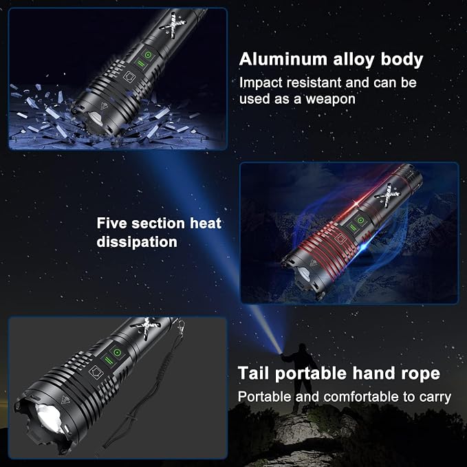 Rechargeable Led Flashlights 100,000 High Lumens,Super Bright Flashlight True,Powerful Tactical Flashlight Up to 24H Long Battery Life Zoomable 6 Light Modes IP67 Water Resistant for Home Camping