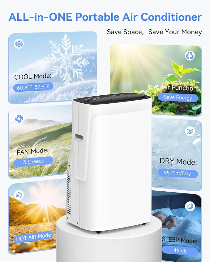 18000 BTU Portable Air Conditioners, AC Unit Portable with Dehumidifier & Heating, Quiet Portable AC for Bedroom, Window Vent Kit for Home Office, Inverter Air Conditioner Portable Cools 900 Sq.Ft