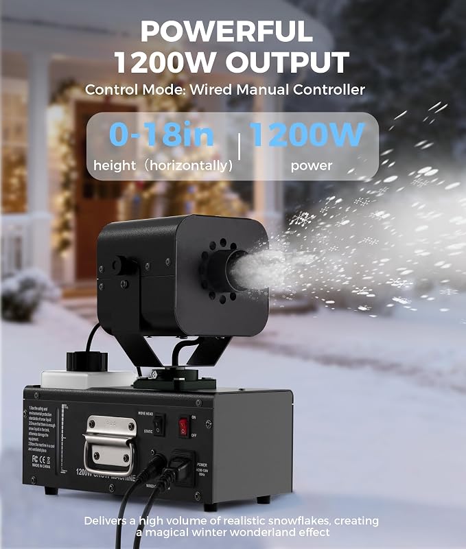 IMONE 1200W Snow Machine 90° Automatic Oscillation, Adjustable Snow Volume & Flake Size, 1L Tank, Dual Wired & Wireless Remote Control, Outdoor Snowflake Maker for Christmas, Weddings, Parties & Stage