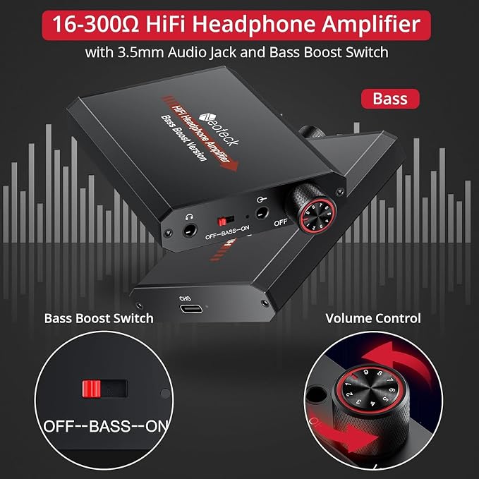 Neoteck 3.5mm Headphone Amp with Bass Boost Portable HiFi Headphone Amplifier,16-300 Ohm,Aluminum Matte Surface for Mac,Phones,iPad,MP3,MP4 Computers PS4 PS5 Controller-Black