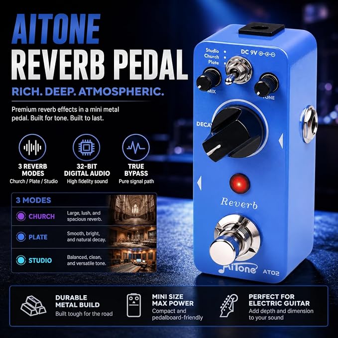 AITONE AT-02 Reverb Pedal Digital Reverb Guitar Effect Pedal with 3 Modes True Bypass for Electric Guitar