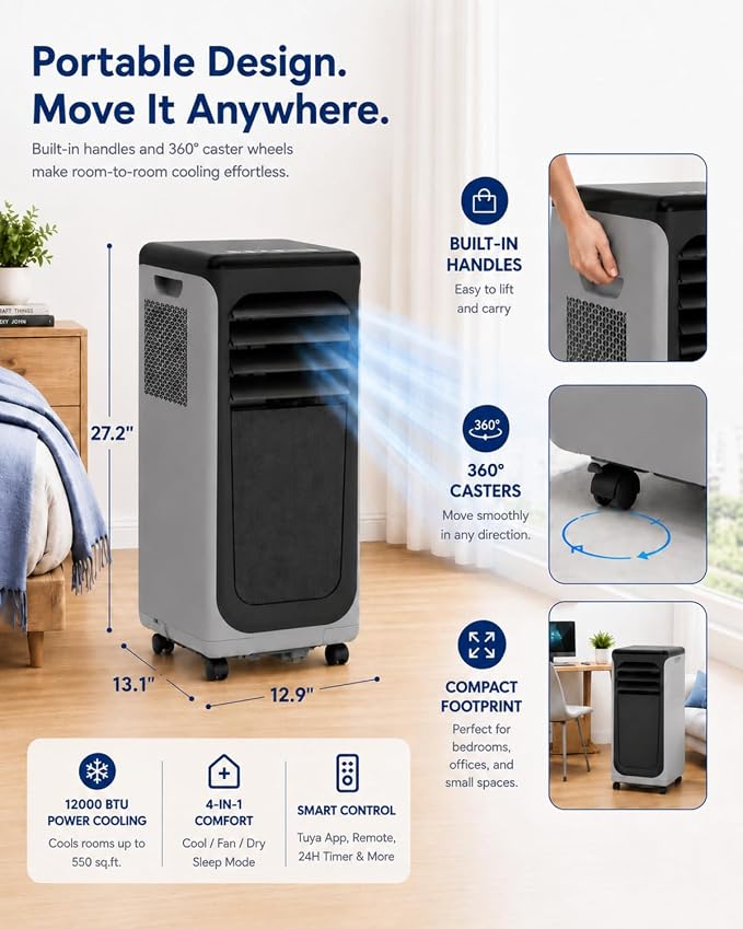 Coolblus Portable Air Conditioners 12000 BTU, Wi-Fi Smart Portable AC Unit for Room Up to 550 Sq.Ft, 3 in 1 Quiet AC with Cool/Dehumidify/Fan, Window Kit, Black-12000BTU-WIFI
