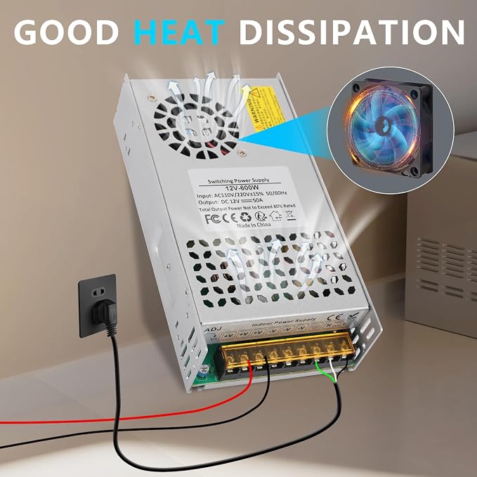 12V 50A 600W Power Supply Transformer, 110V AC to DC 12v Converter Adapter 50A 600W SMPS, DC Power Supply for LED Strip Motor Pump CCTV Camera System Radio Car Stereo 3D Printer