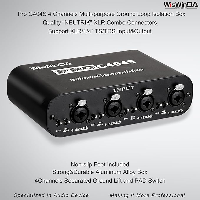 4Channels Pro G404s XLR/TS/TRS/1/4" Passive Hum Eliminator Direct Box for Audio Equipments Ground Loop Isolator Noise Filter for Different Audio Systems Using (Pro G404S)