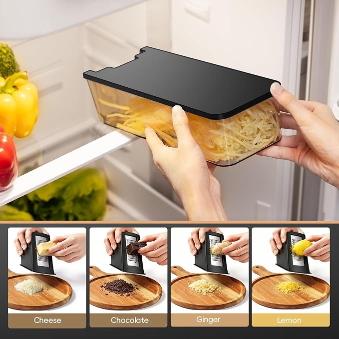[7 in 1 ] Vegetable Slicer for Kitchen, Safe Mandoline Slicer, Adjustable Veggie Potato French Fry Cutter, Wider Tray & Stainless Steel Grater & Filter Basket & Lid & Cleaning Brush (Black Pro)