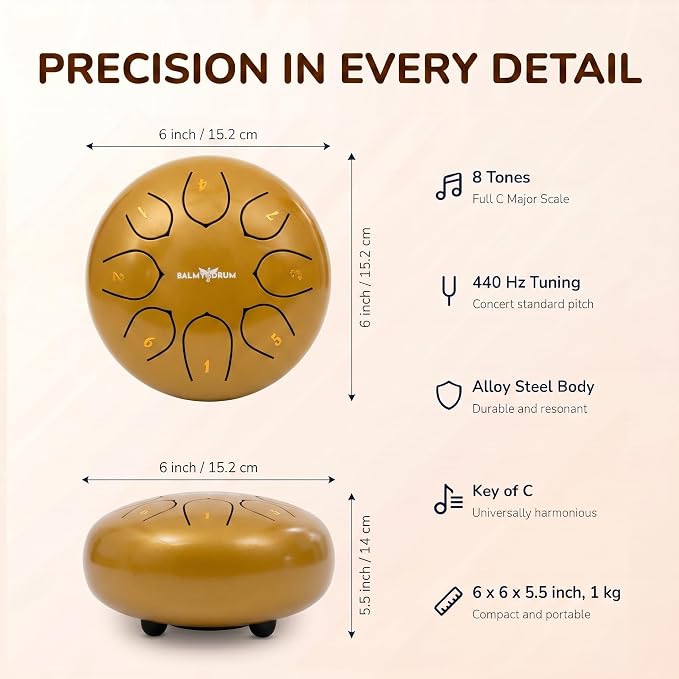 Balmy Drum Steel Tongue Drum 6 inch 8 Notes 440Hz, Handpan Drum with Music Book, Mallets, Carry Bag, Finger Picks, Rain Drum for Outdoor, Meditation Yoga Calming Instruments for Adults Kids (White)