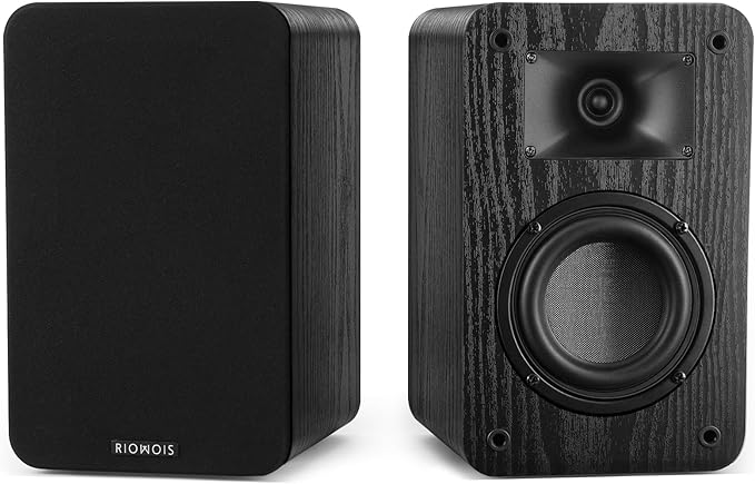 RIOWOIS Passive Bookshelf Speakers for Record Player, Stereo Speakers with 4 Inch Woofer and Silk Dome Horn Tweeter for Turntable, Surround Sound System,PC and TV, Wall Mountable.
