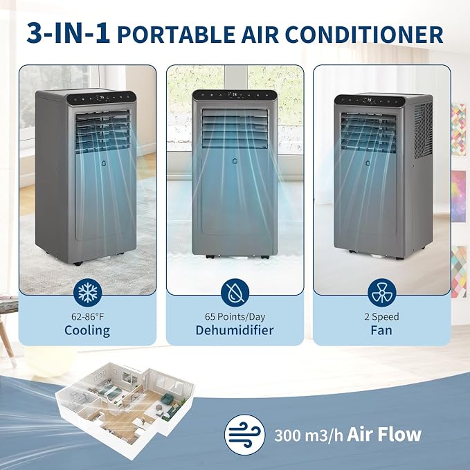 10000 BTU Portable Air Conditioners, 4-In-1 Portable AC Unit for Rooms Up to 450 Sq. Ft, Dehumidifier, Fan, Energy Saving, Remote Control, 24 Hour Timer, Sleep Mode, for Bedroom/Office,Grey