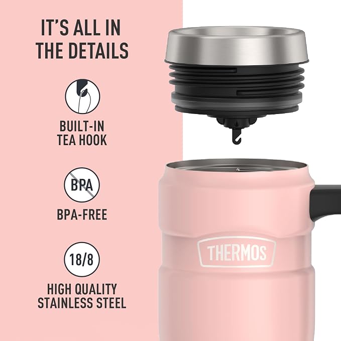 THERMOS Stainless King Vacuum-Insulated Travel Mug with Handle - 16oz, Matte Pink Tumbler for Hot & Cold Drinks - Leak & Sweat-Proof Stainless Steel Coffee Mug with Lid for Commuting