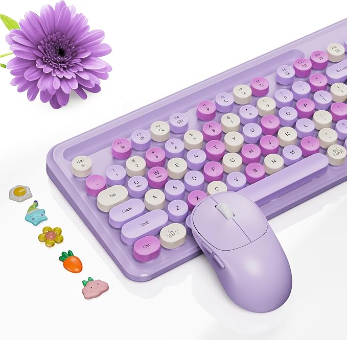 Wireless Keyboard and Mouse Combo, Retro Round Keycaps, Full-Size Stylish Typewriter Keyboard with Large Phone/Tablet Holder, 3-Level DPI Ergonomic Mouse, 2.4GHz Cordless for Windows PC, Lavender Mist