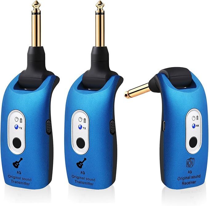 A9 Wireless Guitar System 2.4GHz Built-in Rechargeable Lithium Battery 270°Rotate Audio Wireless Transmitter Receiver for Guitar Bass Violin Keyboard Electric Instruments (1C-NRJ0-646R)