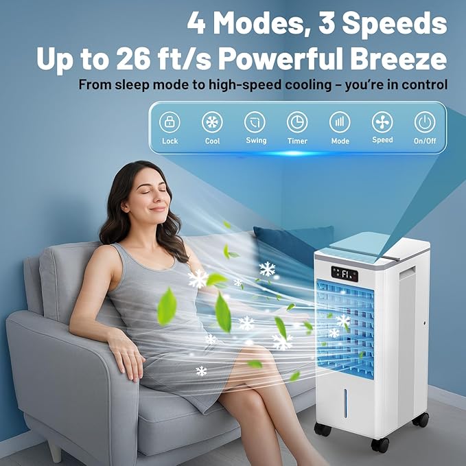 Portable Evaporative Air Cooler, Quiet Windowless Swamp Cooler with 4 Ice Packs, 2 Gallon Water Tank, Remote Control, 4 Modes & 3 Speeds, Oscillating Cooling Fan for Bedroom, Living Room and Office