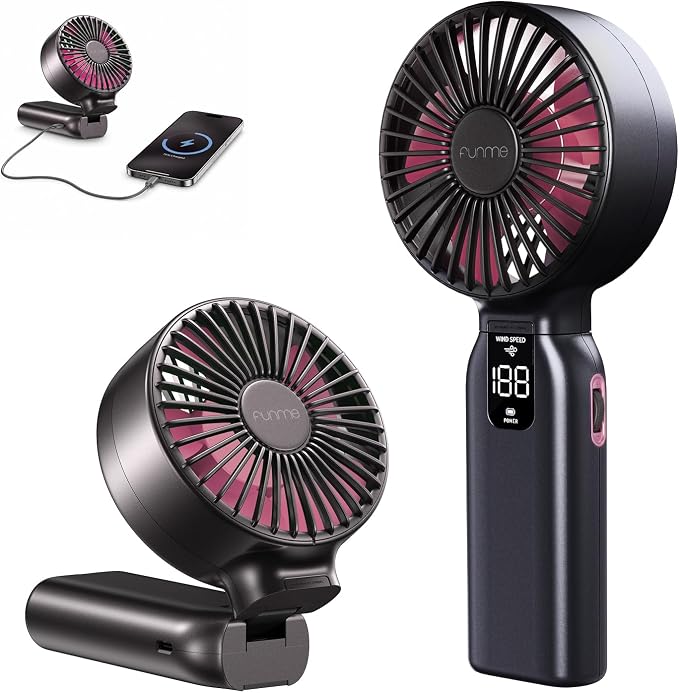 Funme Portable Handheld Fan, 10000mAh Personal Fan with Power Bank, 1-100 Speed Scroll Wheel Control, 46H Max Cooling&Storm Mode, LED Display, Metal Body, Foldable Desk Fan for Travel office, Pink