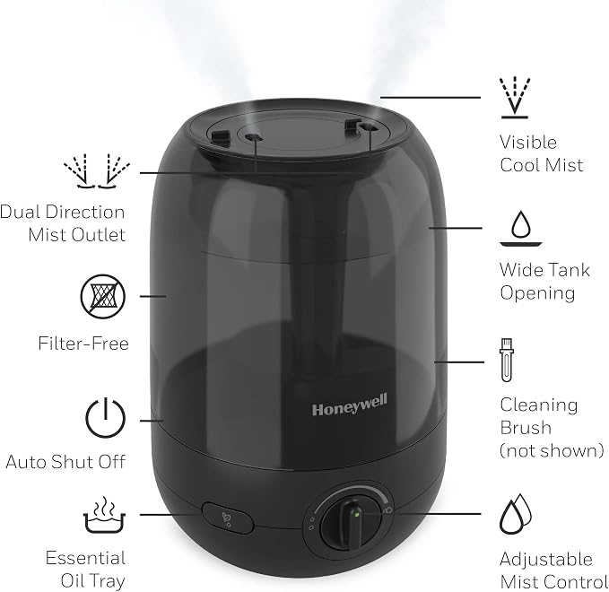 Honeywell Ultra Comfort Cool Mist Humidifier, No Filter, Easy to Fill and Clean, Cleaning Brush Included, Ultra Quiet, Use Air Humidifier with Essential Oils for Extra Comfort, Black, HUL545B