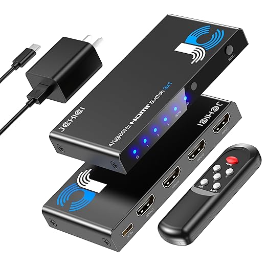HDMI Switch 3 in 1 Out, 4K@60Hz Switcher Splitter, Auto-Switching HDMI 2.0 Switcher with Remote, HDCP 2.2/HDR/3D, Works with PS5/PS4/Switch/Xbox/PC