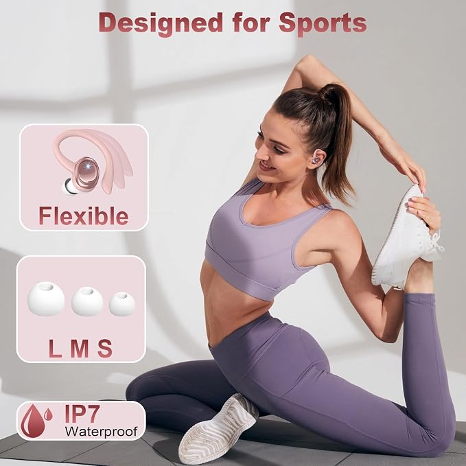 Hupoaf Wireless Earbuds Sport, NEW Bluetooth 5.4 Headphones with Earhooks, 50H Stereo Deep Bass Over Ear Buds with 4 ENC Noise Canceling Mics, IP7 Waterproof Earphones for Running Workout Gym -Pink