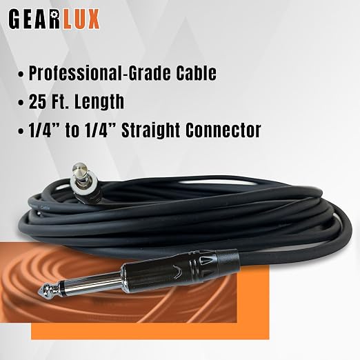 Gearlux Instrument Cable/Guitar Cable, 1/4 Inch, Straight to Straight, Black, 25 Feet - 2 Pack