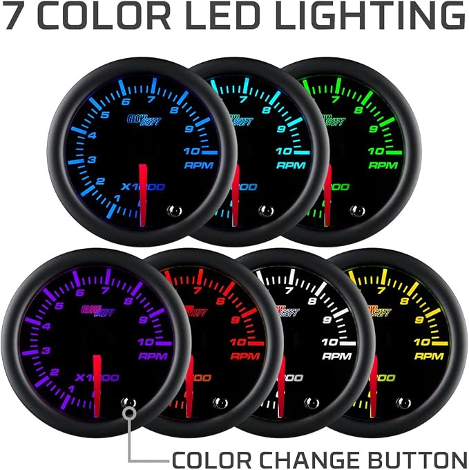 GlowShift Tinted 7 Color 10,000 RPM Tachometer Tach Gauge - for 1-10 Cylinder Gas Powered Vehicle Engines - Includes Wiring - Multi-Color Display - Black Dial - Smoked Lens - 2-1/16" 52mm