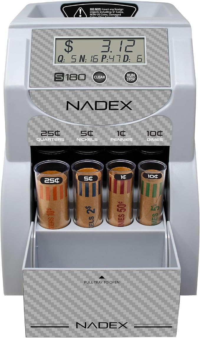Nadex S180 Digital Coin Sorter and Counter – Displays Total and Denomination Values, Carbon Fiber
