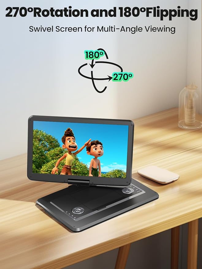 Arafuna 18" Portable DVD Player with with 5-Hour Rechargeable, 16" HD Swivel Screen with Dual Stereo Speakers, Support USB/SD/Sync TV, Regions Free
