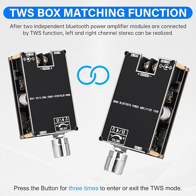 Daakro 2PCS ZK-1001B Bluetooth Amplifier Board,100W Mono Channel Amp Board with TWS Pairing Function,DC 7-24V, Bluetooth/USB/AUX Input, Audio Amp Board for Home DIY Wireless Speakers, Password Free