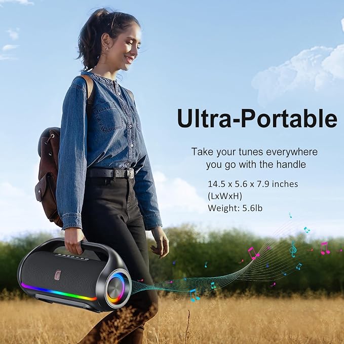 HWWR Portable Bluetooth Speaker, Wireless Outdoor Loud Stereo Audio with Deep Bass, IPX5 Water Resistant Party Sound System, RGB Lights, TWS Pairing, Travel Camping Gear for Home Beach Patio