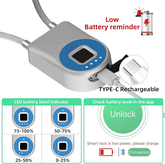 Cord Padlock Waterproof Fingerprint Cable Lock eLinksmart Bluetooth App Bike Lock Outdoor Travel Lock - 38cm Steel Cable Lock for Kids Adults Fridge French Door Small Folding Bicycle Helmet