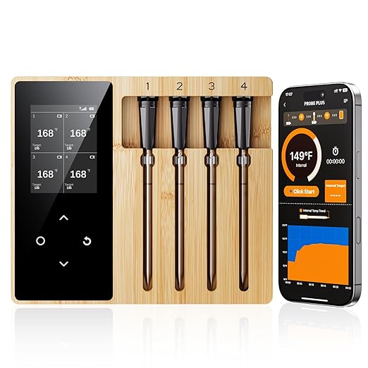 Newise 4 Probes Wireless Meat Thermometer, Bluetooth Digital Food Thermometer for BBQ, Grill, Oven, Smoker, Long Range and Rechargeable Base with Real-time Alerts