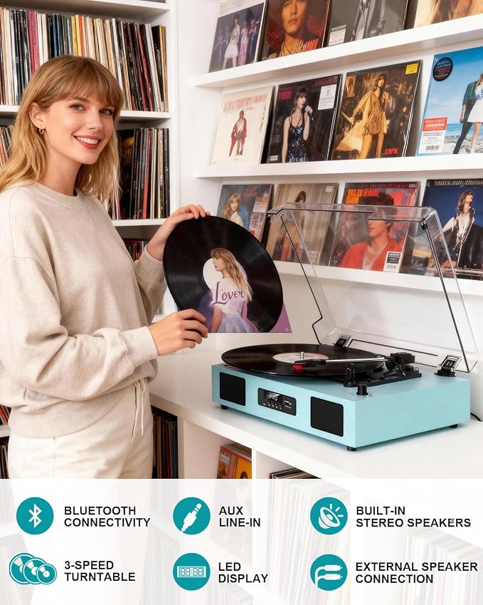 Vinyl Record Player with Bluetooth, 3-Speed Belt-Drive Turntable with Built-in Speakers, USB Recording, RCA/AUX/Headphone Jack, Classic Blue Record Player