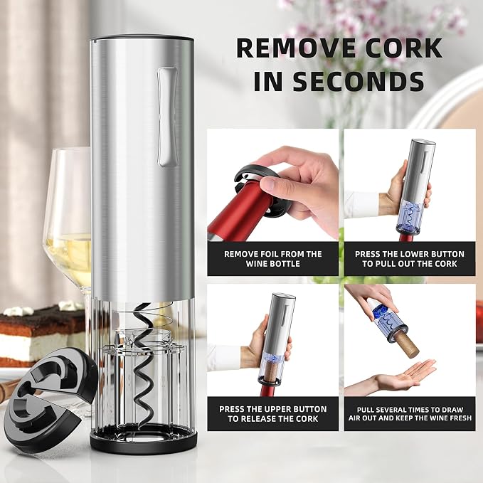 Rechargeable Electric Wine Opener Set, 4-in-1 Father Day Gift for Dad with Automatic Corkscrew, Aerator Pourer, Vacuum Stoppers & Foil Cutter, Ideal for Home Bar, Gifts for Women/Men