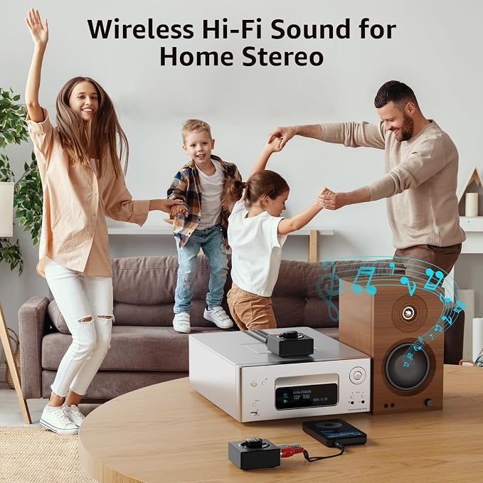 1Mii 2.4GHz (1 TX + 1 RX), Wireless Transmitter Receiver - 200ft Long Range 25ms Low Latency, Wireless Audio Adapter with RCA/AUX, Plug & Play for TV/Home Stereo/Soundbar/Powered Speakers/Amplifier