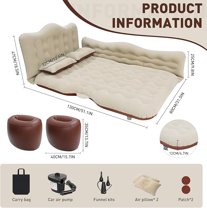 Car Bed SUV Air Mattress, Car Air Mattress with Electric Pump, 2 Inflatable Pillows and 2 Footrests for Back Seat, Side Seat,Trunk Sleeping, Thickened Camping Bed - Brown
