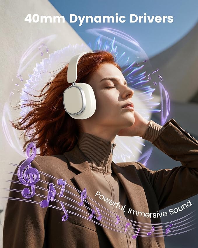 Active Noise Cancelling Headphones,78H Playtime & Bluetooth 6.0 Over Ear Wireless Headphones,Hi-Res,Low Latency,Foldable Bluetooth Headphones for Travel Workout Office Cellphone PC-Vanilla White