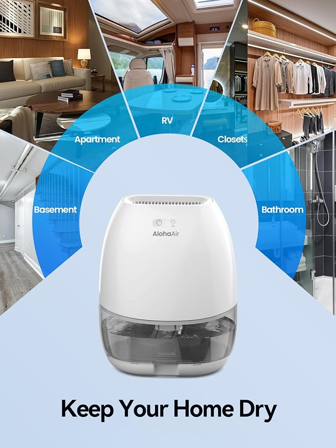 Dehumidifier, AlohaAir 34 OZ Small Dehumidifiers for Home and Room, Quiet with 7 Colors Night Light, Auto Shut Off, Dehumidifiers for Bedroom, Bathroom, RV, and Closet