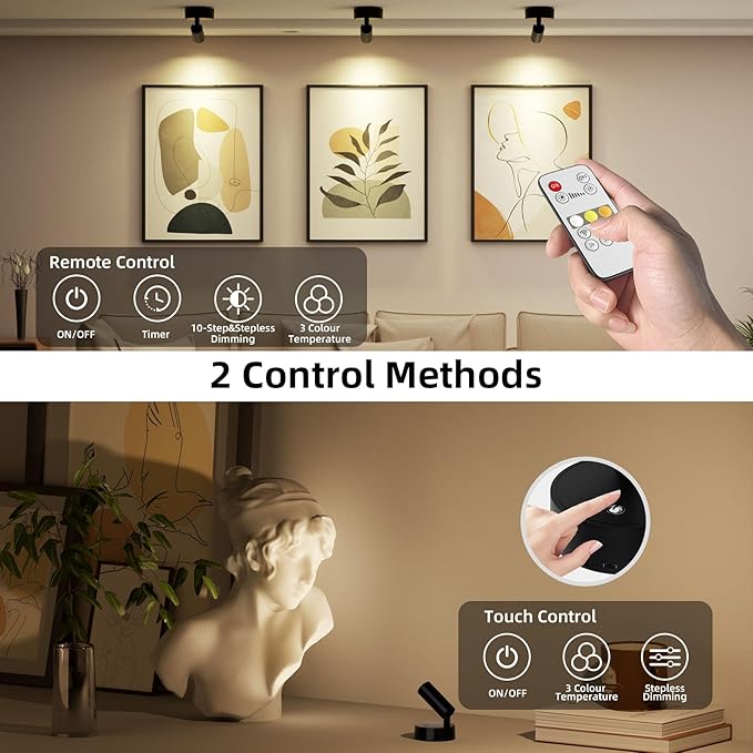 Spotlights Indoor with Remote & Touch, 5500mAh Rechargeable Battery Picture Lights with Timer, 10 Levels Brightness Dimmable Uplights Indoor for Tree Painting Cabinet Wall Gallery (4 Pack)