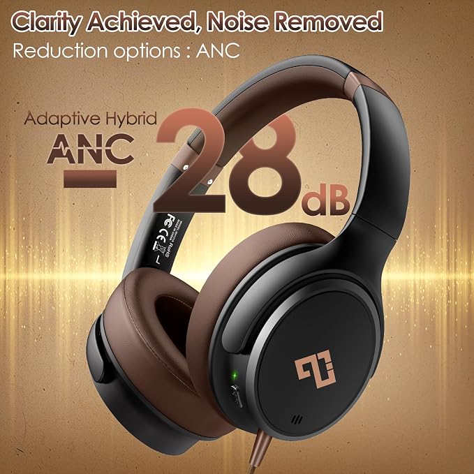USB C Headphones Wired Headphone Over Ear with Microphone, Lightweight Only 195g, Active Noise Canceling Headphone for iPhone/iPad/Sports/School/Travel, Brown Headphones Plug and Play-Ideal Gifts