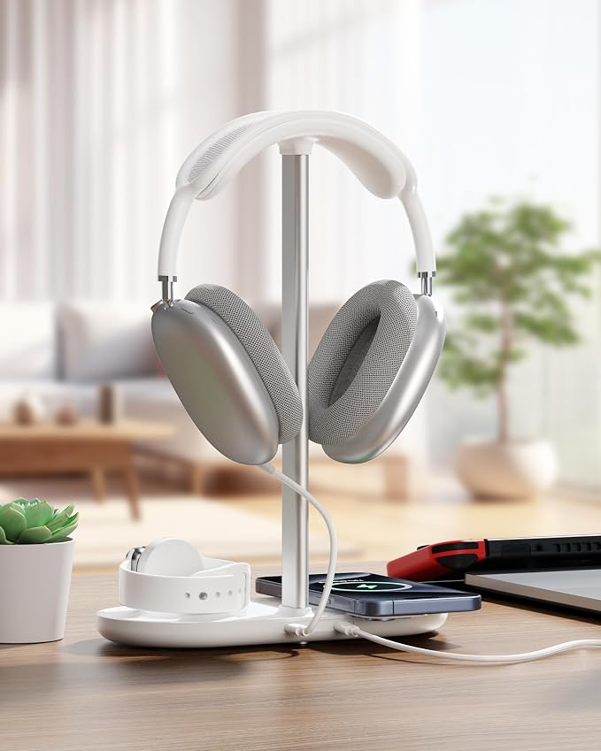 HiWe Headphone Stand, 2-in-1 Wireless Charger for iPhone/Apple Watch, Aluminum Alloy Rod, Minimalist Desk Organizer, White