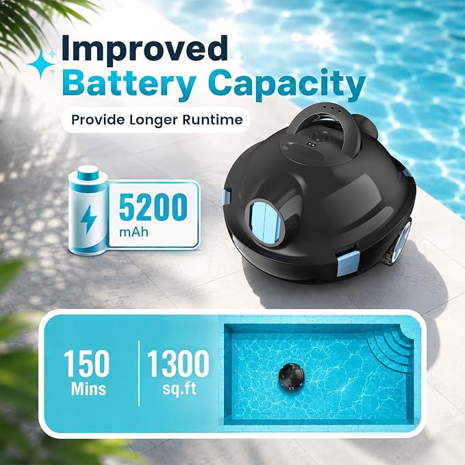 Y10 Robotic Pool Cleaner,Cordless Pool Vacuum with 150 Mins Runtime,High Efficiency Dual Suction Power,Self-Parking&Smart Navigation for Above-Ground & Flat Inground Pools up to 1300 sq.ft (Charcoal)