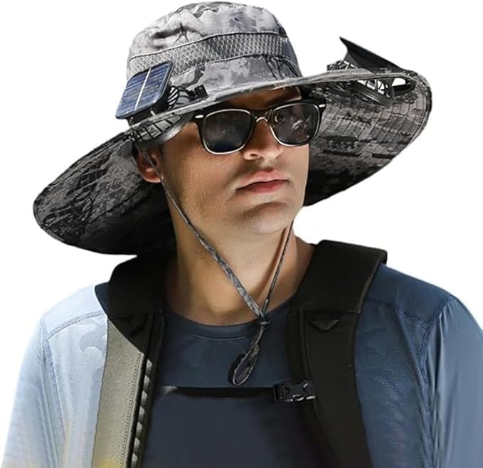 Wide Brim Solar Fan Outdoor Fishing Hat,Waterproof Hat with Two Solar Fan for Men/Women,Solar Fan Hat UPF50+
