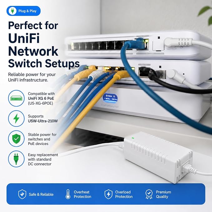 MSMJFSA UACC-Adapter-AC-210W 54V 210W AC Adapter for Ubiquiti UniFi | Fits Ubiquiti UniFi US-XG-6POE and USW-Ultra-210W switches; 54V 3.9A 210W white replacement power adapter.