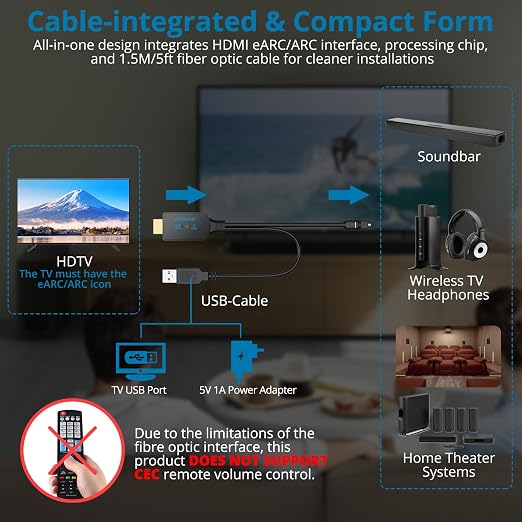 AUTOUTLET HDMI eARC/ARC to Optical Audio Cable, 192kHz/24bit 1.5M/5FT Hdmi eARC to Optical Converter, Integrated Desgin, Plug and Play, Supports PCM 2.0, Dolby Digital 5.1, DTS 5.1 (NOT Support CEC)