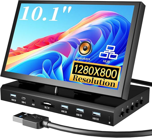 10.1" Small Monitor for PC Raspberry Pi, 1280x720 IPS Mini Monitor Multi-Port Docking Station Built-in USB Hub &Dual Speakers, Raspberry Pi Display for DIY Projects,Gaming & Aida64 CPU GPU Monitoring